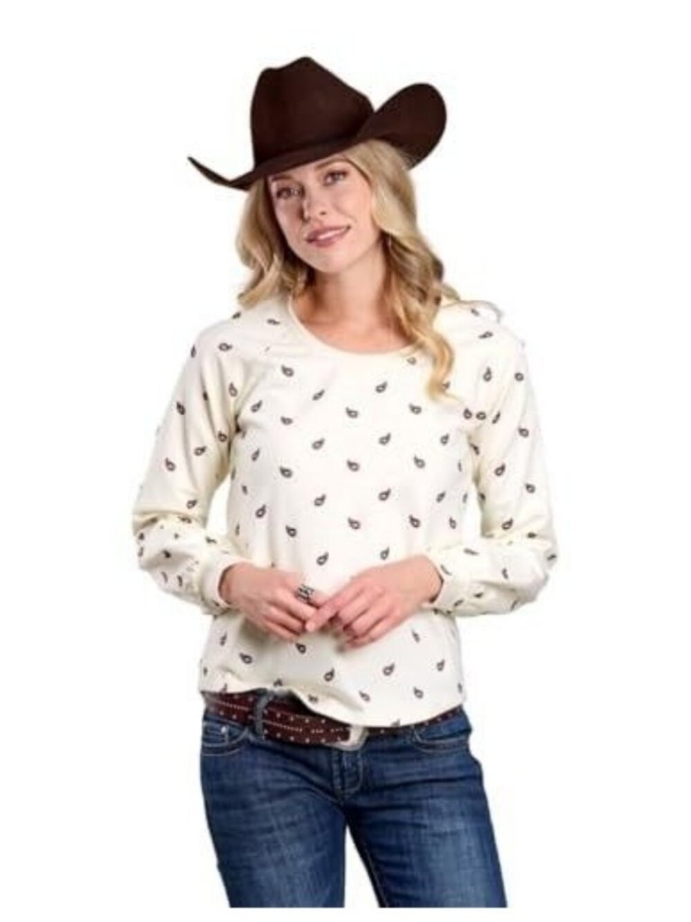 Roper Women's MD Long Sleeve Paisley Embroidered Print Sweatshirt Cream